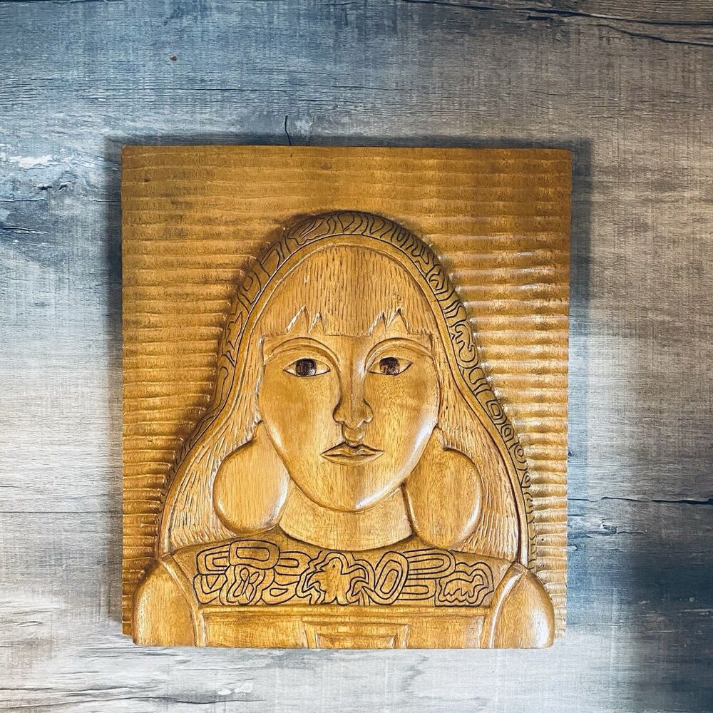 Vintage Hand Carved Wood Wall Plaque Woman Folk Art Handmade 12”